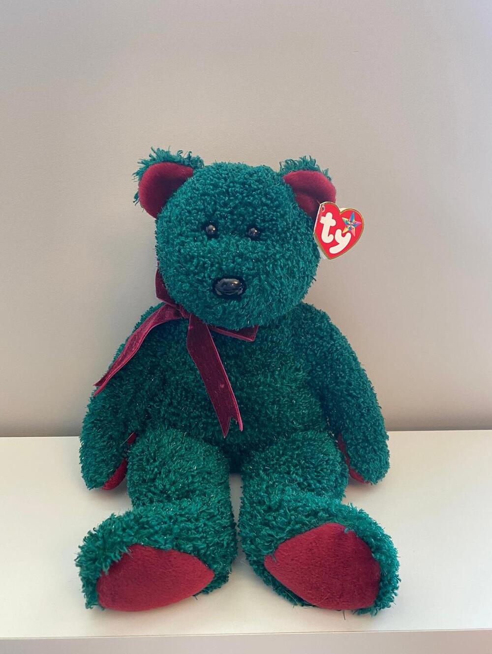 Ty Beanie Buddy “2001 Holiday Teddy” the Sparkly Dark Green Bear (14 inch)